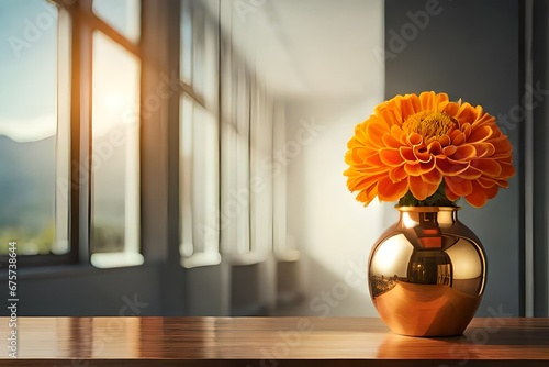 Artistic shot of a single marigold in a copper metal vase, placed near a window, minimalist design, wooden surface background