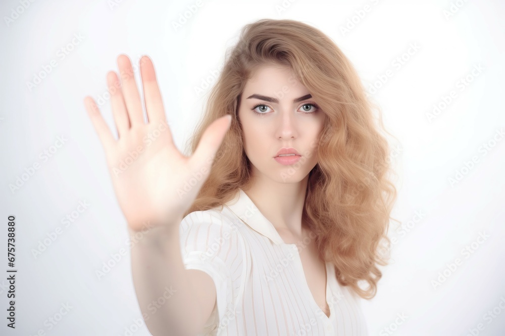 Woman showing stop ban raised palm gesture. Refusal expression with gesturing hand sign. Generate ai Woman showing stop ban raised palm gesture. Refusal expression with gesturing hand sign. Generate ai
