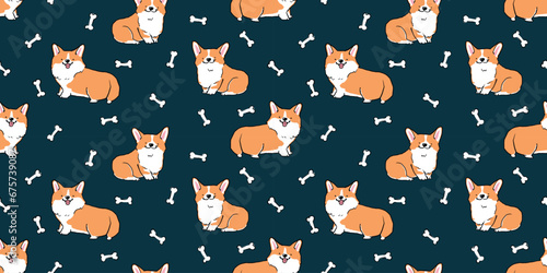Seamless Pattern of Cute Cartoon Corgi Dog Design on Dark Blue Background