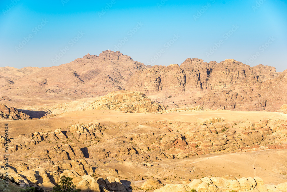 View at the Wadi Musa valley with Mount Hor (Tomb of Aaron)near archaeological site of Petra - Jordan