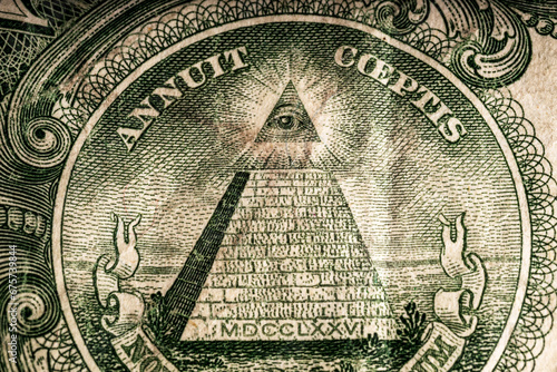 Pyramid, Eye of Providence. Extreme Pyramid of Banknotes of the United States dollar on white background.