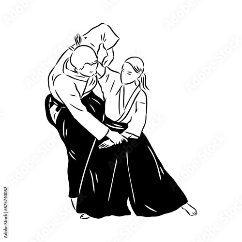 Aikido combat between athletes, stylized vector illustration