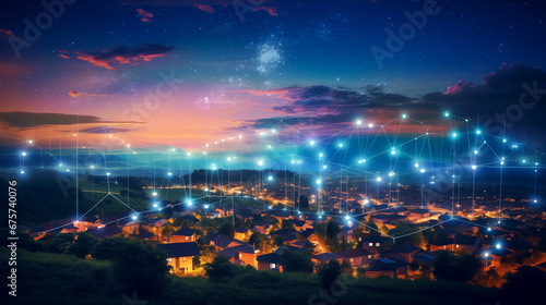Twilight over a Network-Enhanced Residential Area with Glowing Connections Under a Starry Sky