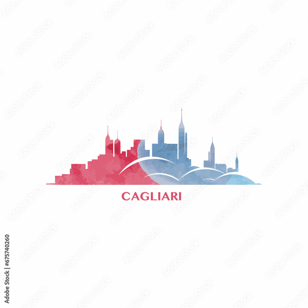 Cagliari watercolor cityscape skyline city panorama vector flat modern logo, icon. Italy Sardinia town emblem concept with landmarks and building silhouettes. Isolated graphic
