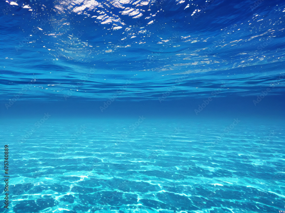 Bottom under the sea, submerged in clean, bluish waters, reflection of the sea.