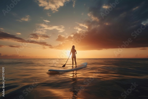 Woman floating on sup board boat in evening orange sunlight. Female surfer on sap paddle admiring sunset magic view. Generate ai