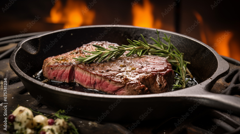 A Juicy steak grilled medium rare on a cast iron skillet with herbs, garlic and butter