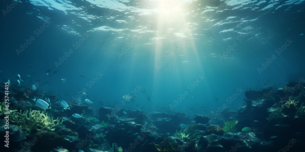 Under water with dramatic lighting in the ocean made, Dark blue ocean surface seen from underwater with sun light, generative AI
