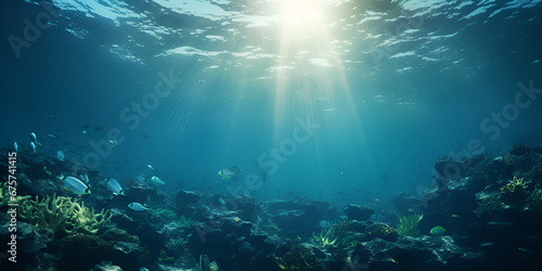 Under water with dramatic lighting in the ocean made  Dark blue ocean surface seen from underwater with sun light  generative AI