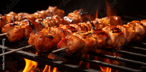 shish kebab skewers of diced chicken on the grill photo