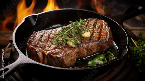 A Juicy steak grilled on a cast iron skillet with herbs, garlic and butter