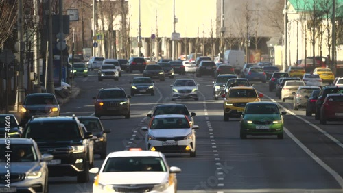  Dense traffic during rush hour on the central street of Moscow. Reportage shot of the city photo