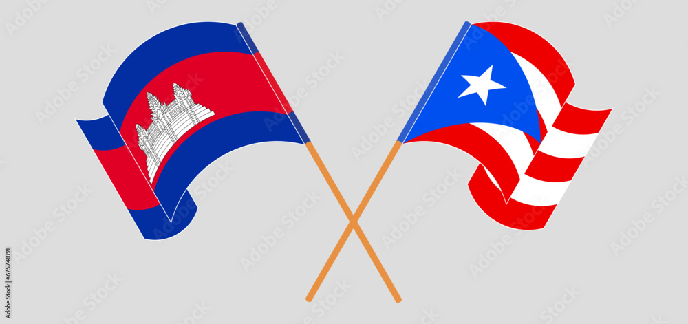 Crossed and waving flags of Cambodia and Puerto Rico