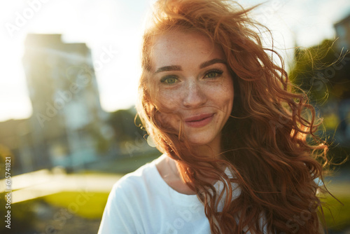 Portraits of a charming red-haired girl with a cute face. Girl posing for the camera in the city center. She has a wonderful mood and a lovely smile