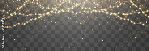 Christmas lights, lights bulbs, glowing garlands string. New Year's party lights, holiday decorations. Party event decoration, winter holiday season element. Vector illustration on png.