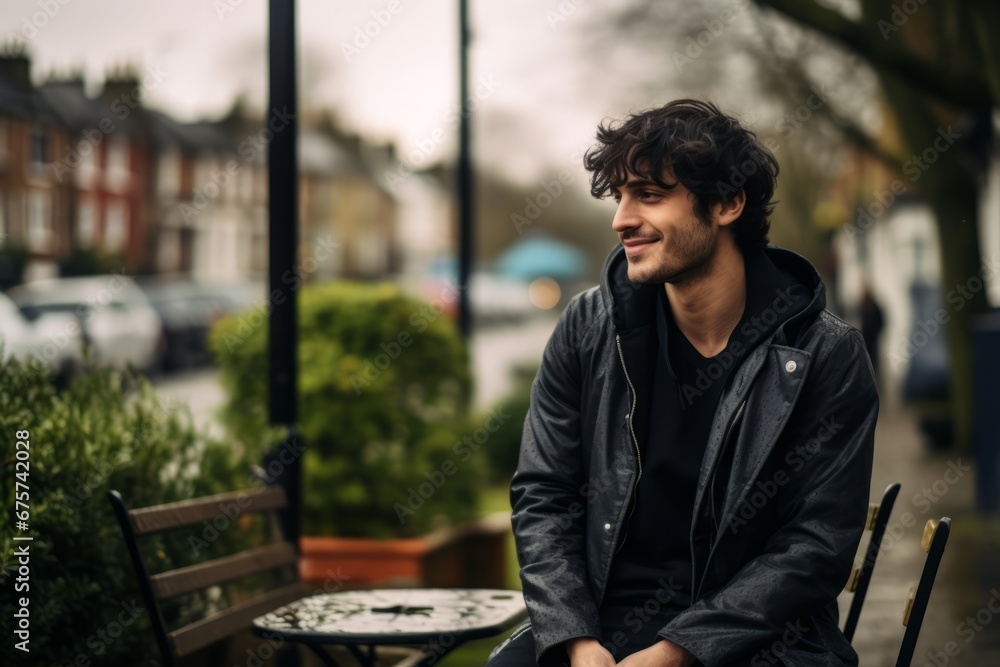 Handsome young man in black jacket sitting on a bench in the street Handsome young man in black jacket sitting on a bench in the street
