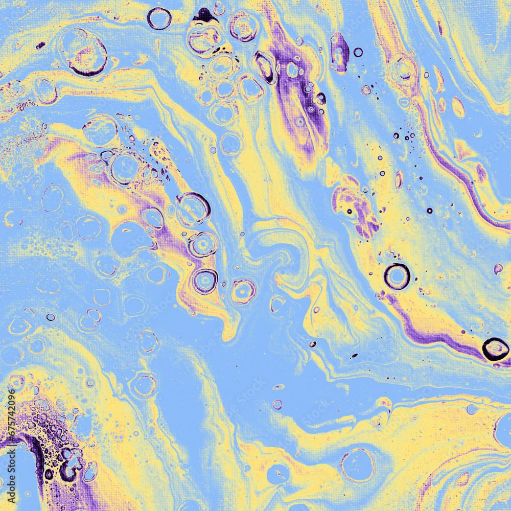 Abstract fluid art acrylic pouring paint background blue, yellow and purple marble texture, creative background for banner, wallpaper	