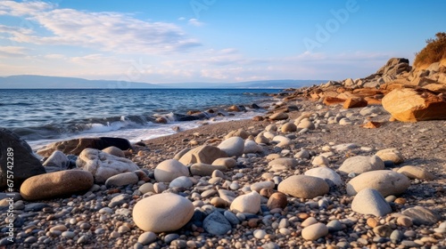 Rocks and Stones on the Beach Seaside Line: A Tranquil Scene Captured in Altinkum, Akcay Edremit Town, Aegean Sea Coast Region, Turkey, Anatolia, Asia. Taken on a Calm and Warm Autumn Day.