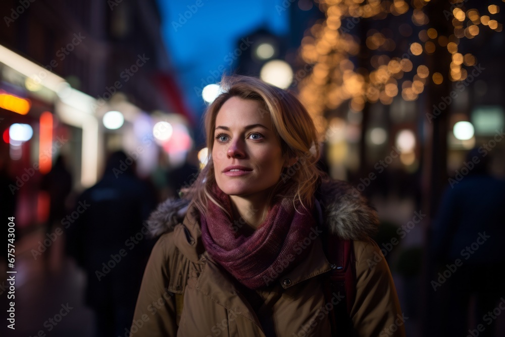 Portrait of a beautiful young woman at night in the city.