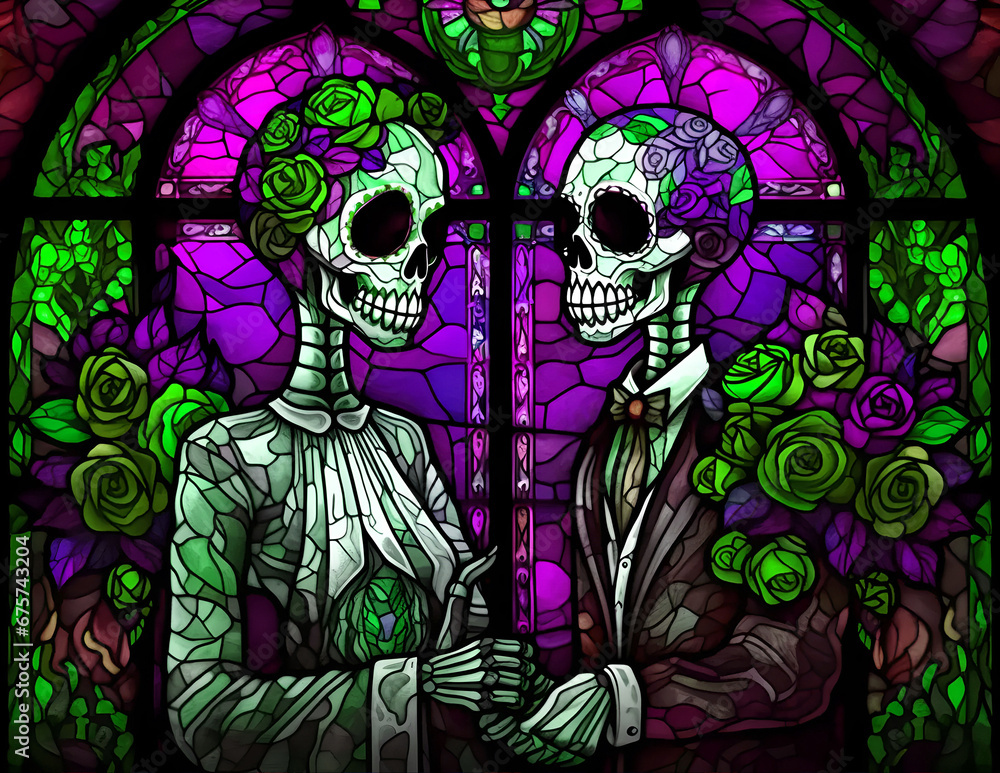 Obraz premium Stained glas Dia los muertos wedding Wine Bottle wrap sublimation 