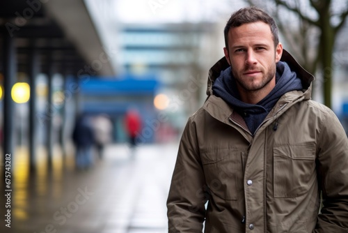 Handsome man wearing a winter jacket in an urban environment.