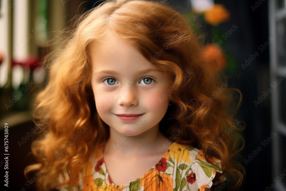 Portrait of a beautiful little girl with curly red hair. Close-up. Portrait of a beautiful little girl with curly red hair. Close-up.