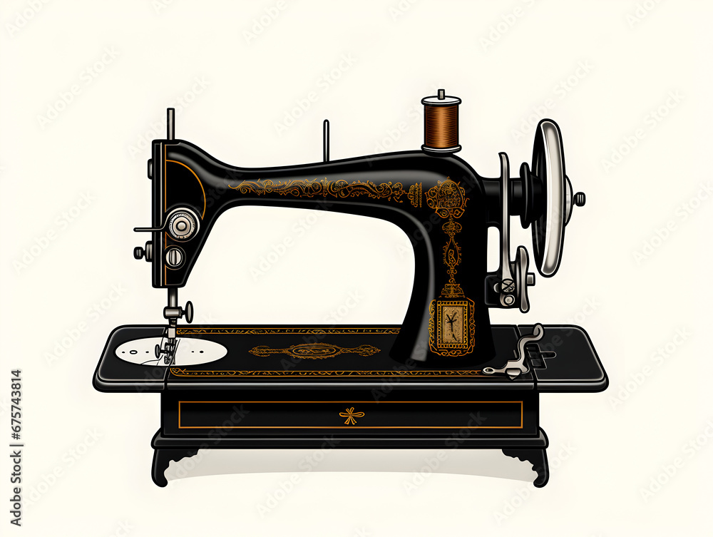 Illustration of a black manual retro sewing machine with, isolated on white background 