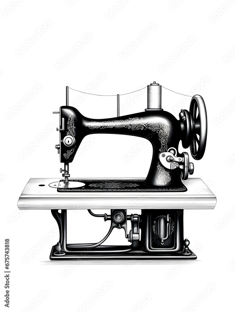 Illustration of a black manual retro sewing machine with, isolated on white background 