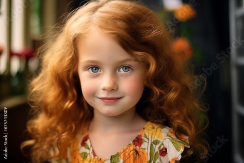 Portrait of a beautiful little girl with curly red hair. Close-up.
