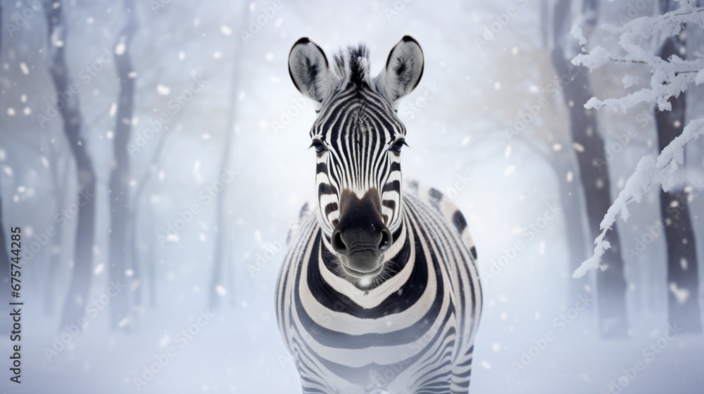 close up of snow zebra in winter - obrazy, fototapety, plakaty 