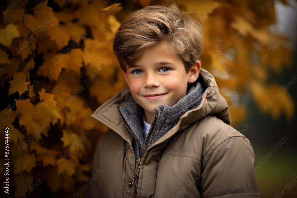 portrait of a little boy in a jacket on a background of autumn leaves portrait of a little boy in a jacket on a background of autumn leaves