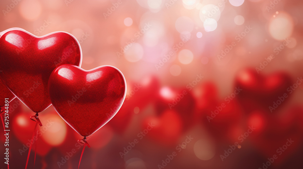 Red heart shaped balloons background with copy space. Valentine's day banner. AI