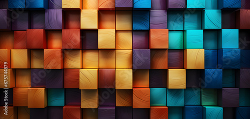 Colorful wooden blocks aligned. Wide format. Hand edited generative AI.