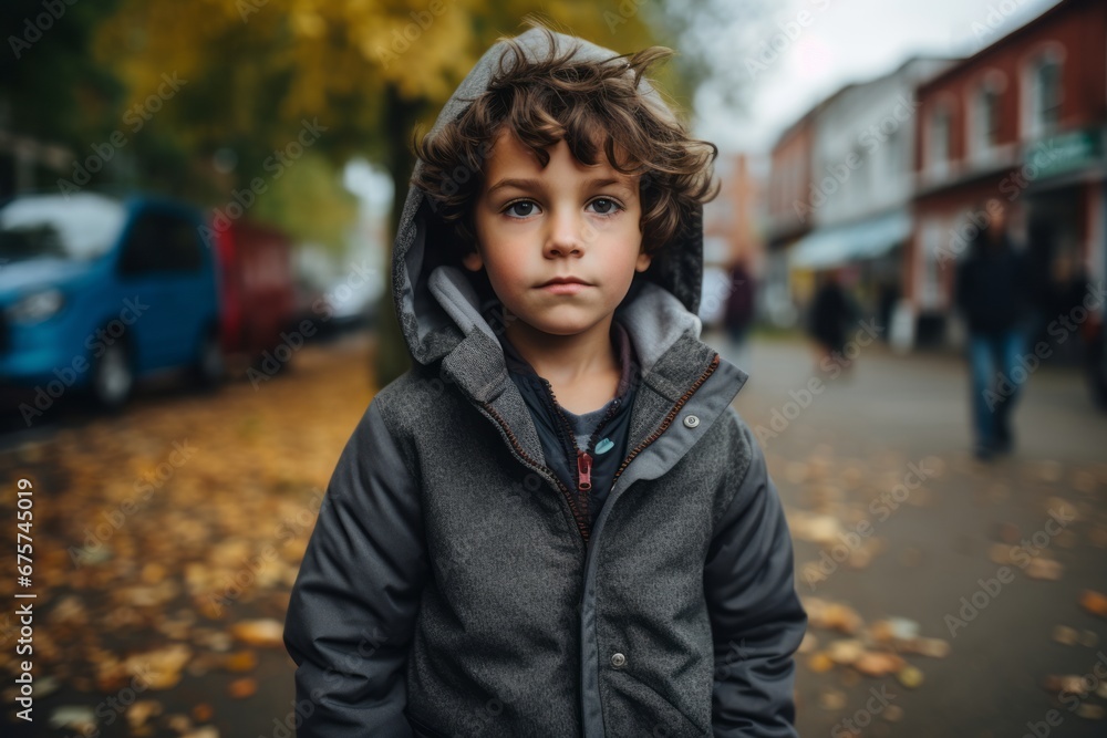 Portrait of a little boy in a coat on the street in autumn Portrait of a little boy in a coat on the street in autumn