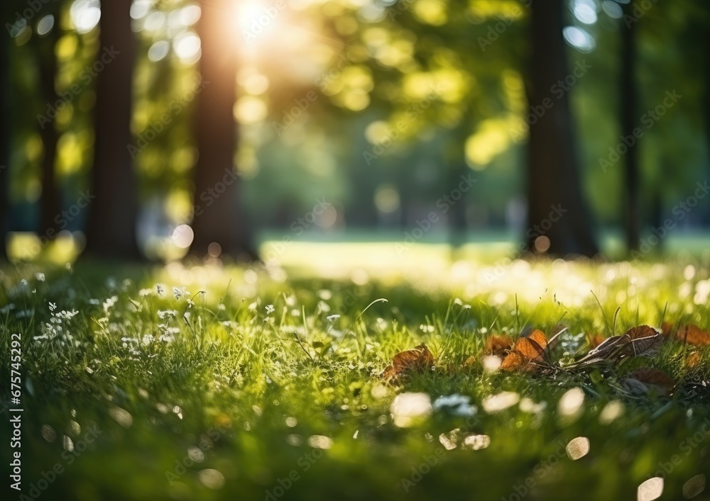 Defocused green trees in forest and wild grass and sun beams. Beautiful summer scene , - Defocused green trees in forest and wild grass and sun beams. Beautiful summer scene , -