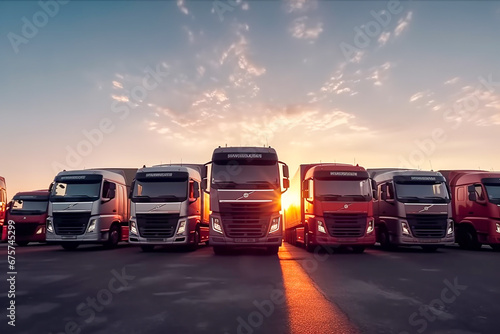  Parked trucks in front of bright sunrise photo