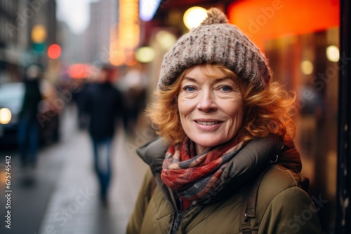 Portrait of a happy senior woman walking in the street in winter © Nerea