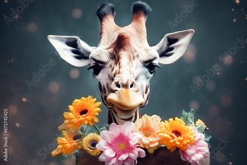  head of a giraffe with flowers