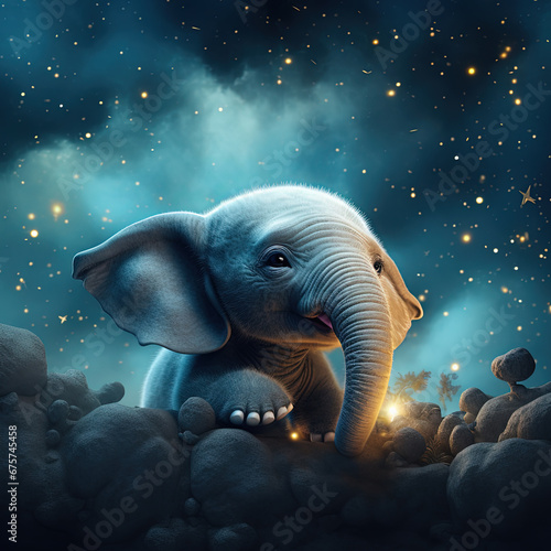 Baby elephant in the clouds. Postcard. Generative AI
