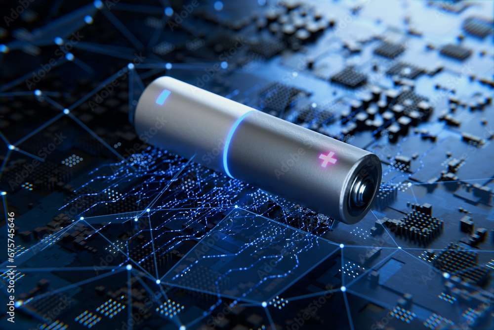 Lithium ion battery. Battery close-up. Battery fast charging concept. AA batteries. 3D rendering. - obrazy, fototapety, plakaty 
