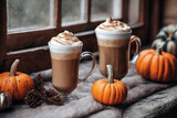 decoration for halloween holiday, still life, a cup of hot latte and pumpkins on a windowsill, beautiful autumn landscape outside the window, rural, festive background