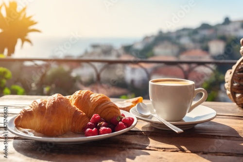 cup of coffee and french croissant on table  balcony with view of beautiful landscape  still life  sea and mountains  resort town  bright day