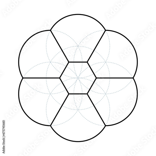 Seed of Life 3D view. An ancient geometric figure, spiritual symbol and Sacred Geometry. Derived from seven overlapping circles forming a flower like pattern, and the preform of the Flower of Life.