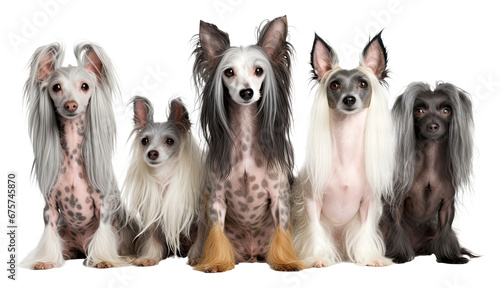 Dogs Sitting in a Group on White Background Chinese Crested