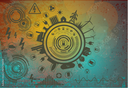 Vektor Symbole Energiewende: Energieverbrauch mit Symbolen und abstraktem Hintergrund - Cyberspace
