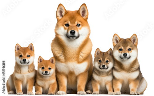 Dogs Sitting in a Group on White Background, Shiba Innu,