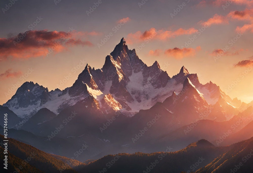 Sunset with landscape view of mountains covered with snow