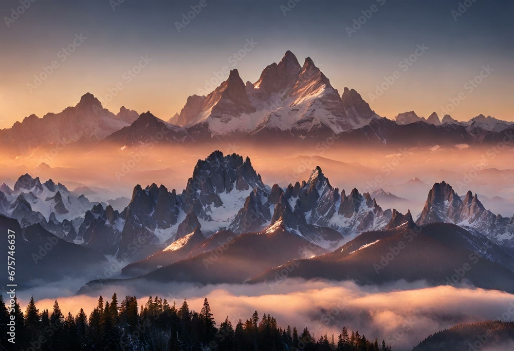 Sunset with landscape view of mountains covered with snow