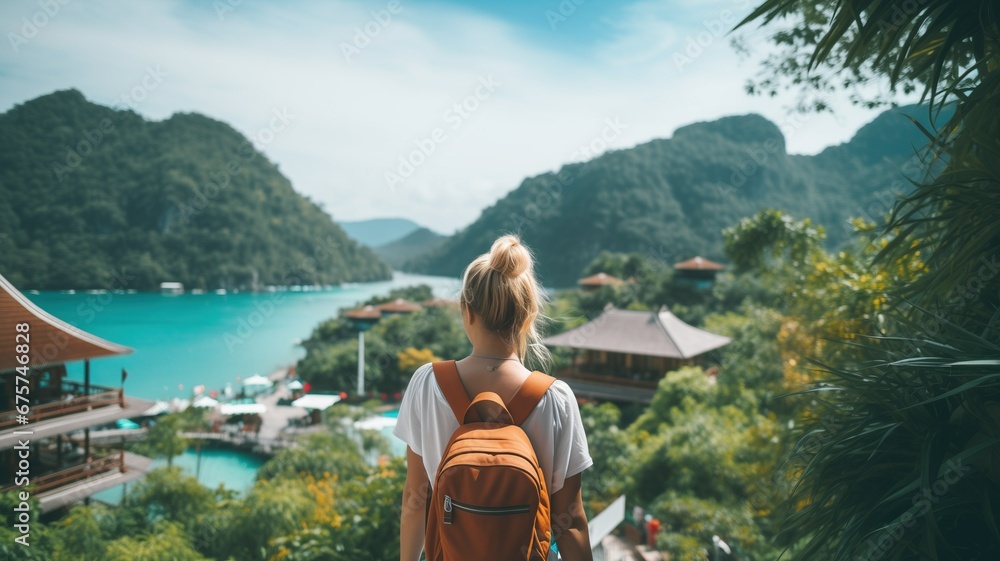 Young traveler woman with an orange backpack, gazes at the views of the bay in a Southeast Asian village - obrazy, fototapety, plakaty 