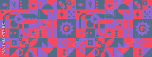 Red blue and purple violet abstract geometric mosaic banner design with simple shapes